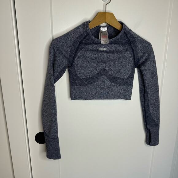 Gymshark Navy Blue Marl Flex Long Sleeve Crop Seamless Knit Size Small - Picture 2 of 6